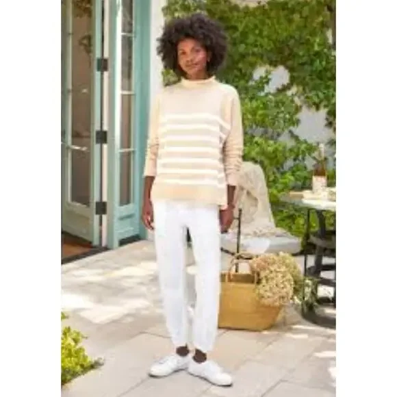 FRANK & EILEEN Sz S Small Tan White Stripe Monterey Roll Neck Sweater